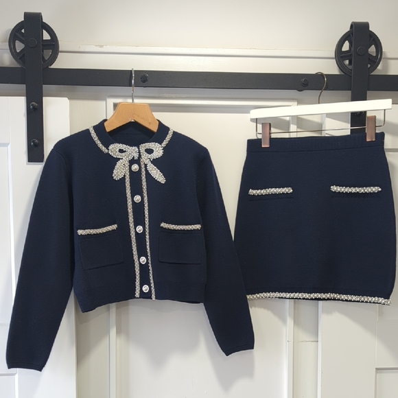 Sweaters - Navy Blue Cardigan and Slip Skirt Set with White Beaded Trim Details Size Medium